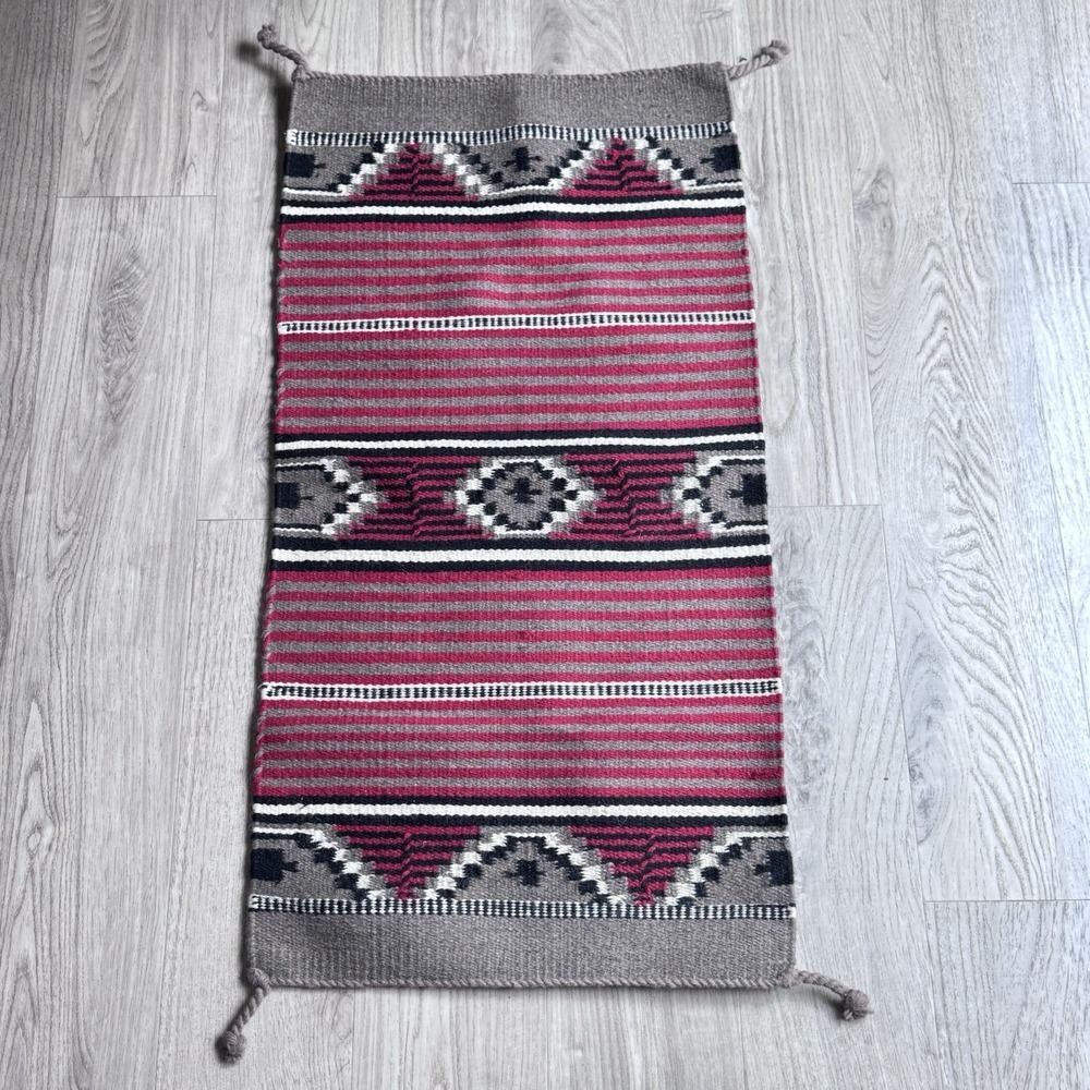 VTG‎ Navajo Handwoven Wool Rug 40x20" Geometric Southwestern Aztec Tapestry Red